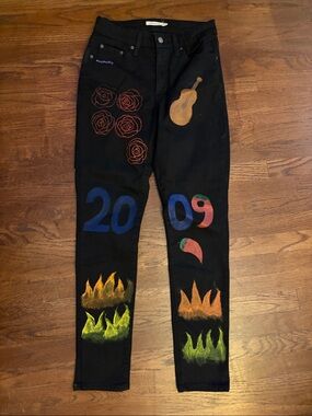 Hand-Painted and embroidered Black Skinny Jeans with Colorful Graphic Accents